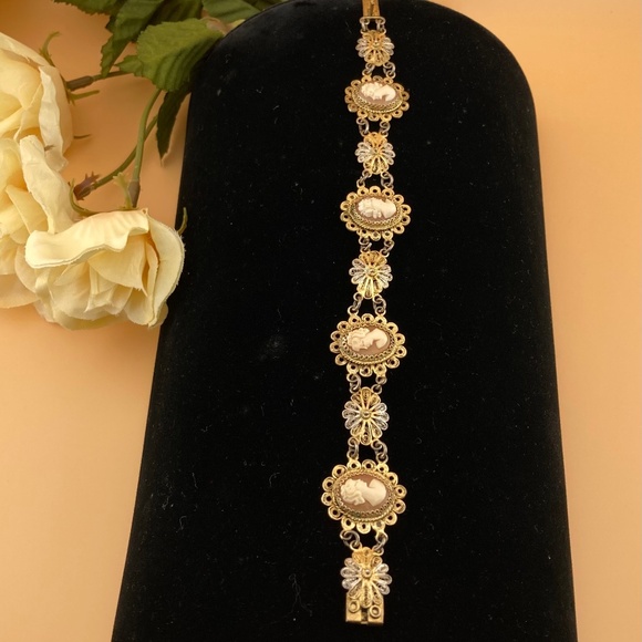 Antique Victorian CAMEO 800 Silver Filigree Shell Bracelet 4 Cameos - Picture 2 of 14